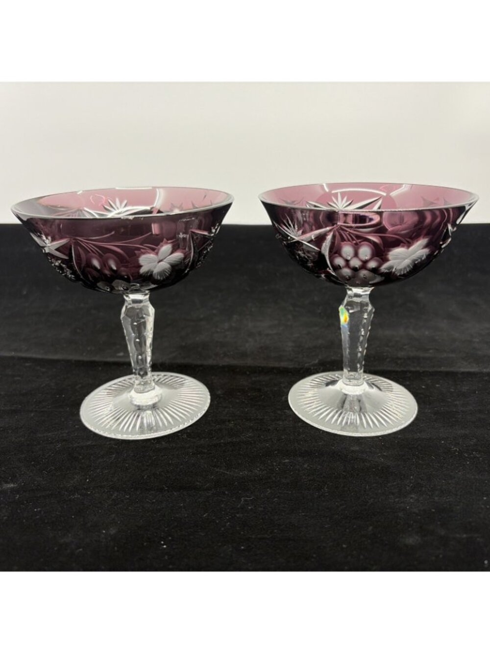 Vintage Ajka Marsala Amethyst Cut to Clear Sherbet Champagne Coupe Set of 2 4.75 - Picture 4 of 8